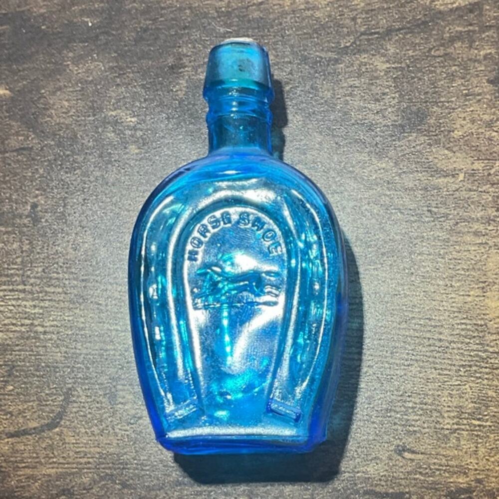 Vintage Horse Shoe Small Aqua Blue Apothecary Bottle Made in Taiwan w/Cork 3.5"